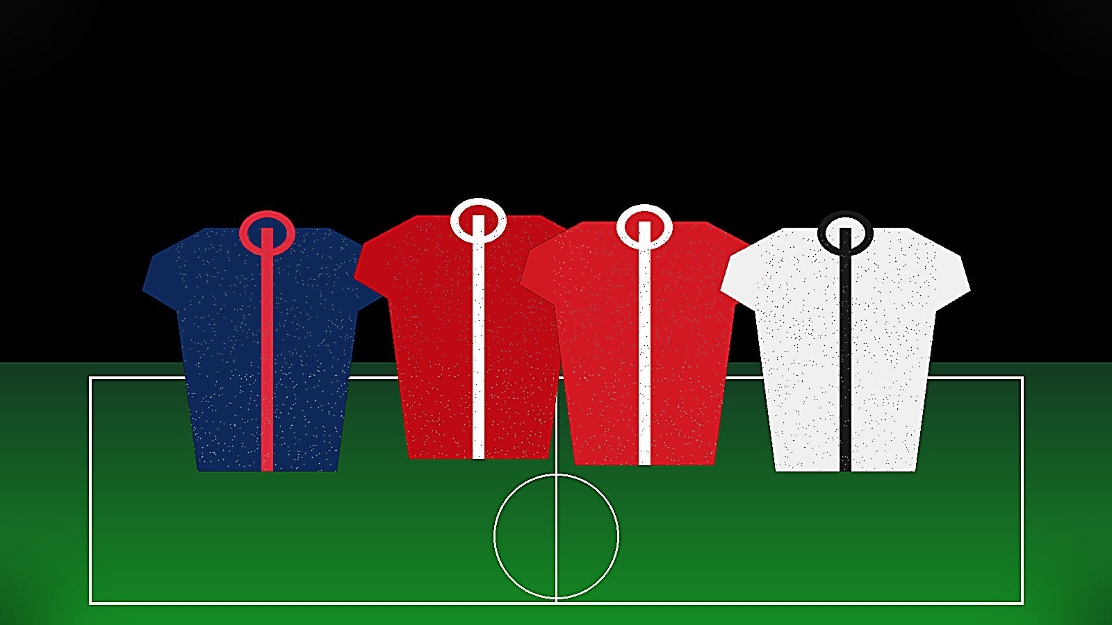 Cuatro camisetas de fútbol en un estadio iluminado, inspiradas en los semifinalistas de la Champions 2026
