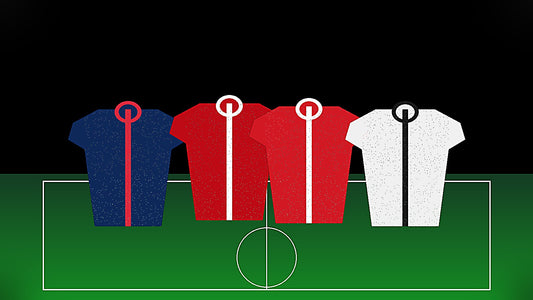 Cuatro camisetas de fútbol en un estadio iluminado, inspiradas en los semifinalistas de la Champions 2026