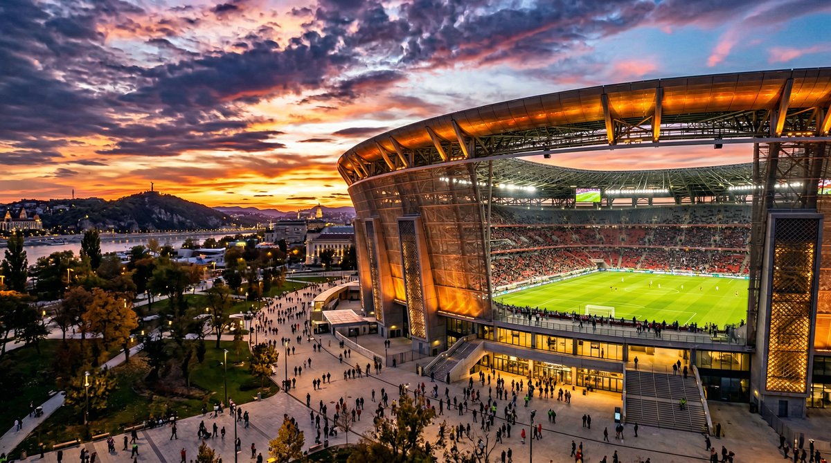 Estadio Puskas Arena de Budapest al atardecer, sede de la final de la Champions League 2026