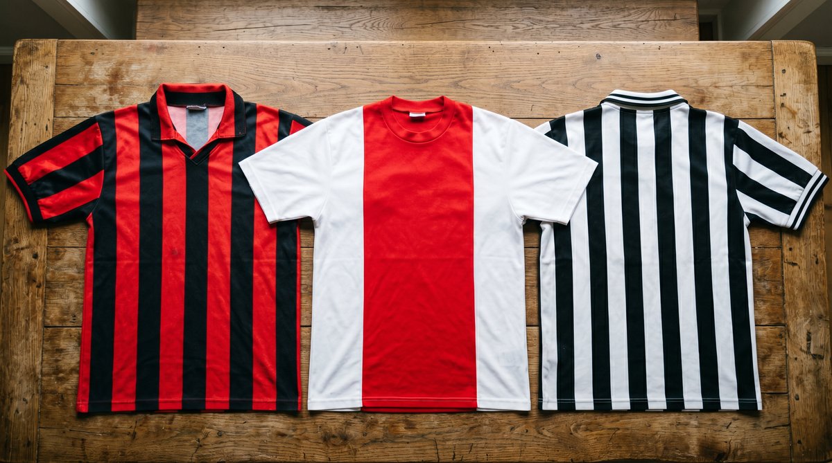 Colección de camisetas retro de fútbol europeo vintage sobre mesa de madera