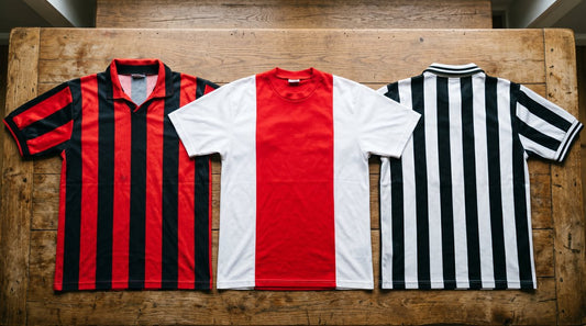 Colección de camisetas retro de fútbol europeo vintage sobre mesa de madera